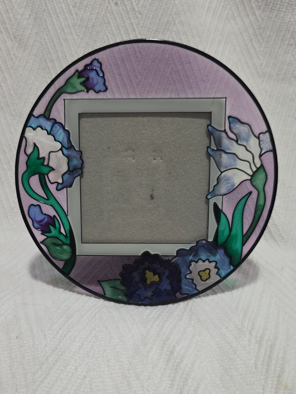 Vintage Stained Glass Picture Frame Round Purple Blue Floral Iris 7 Inch Round